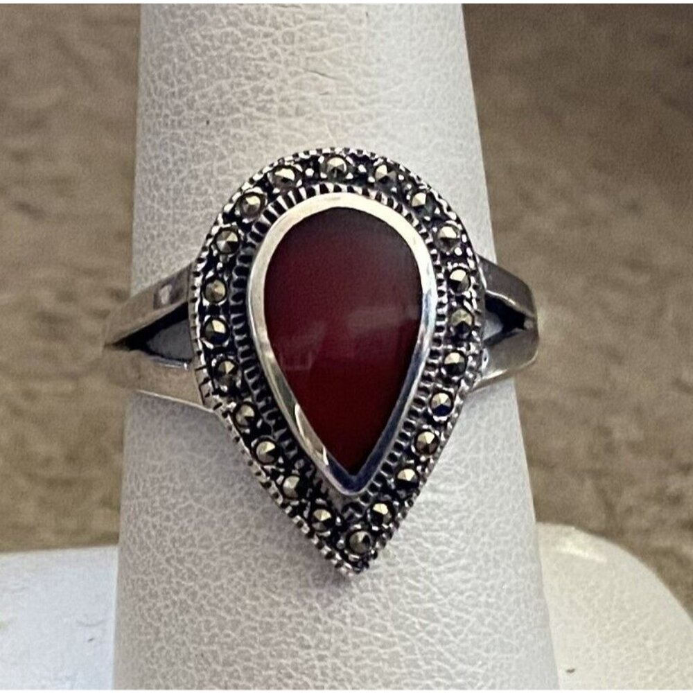 Sterling Silver Marcasite Ring W/ Red Pear Cut Stone Size 8.5 Estate Find 4.6g